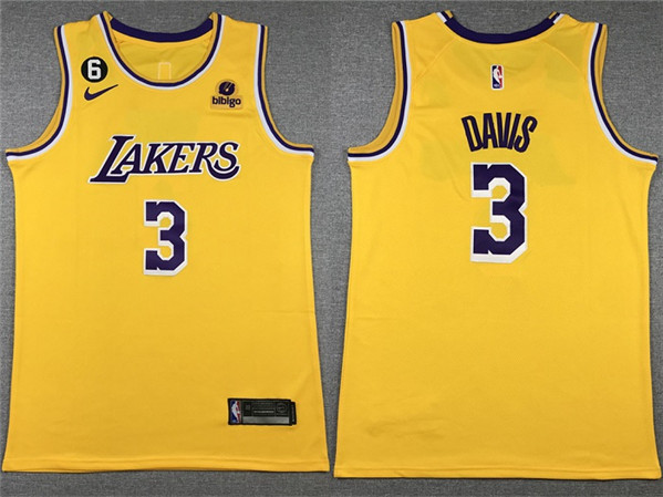 Men's Los Angeles Lakers #3 Anthony Davis Yellow Edition With NO.6 Patch Stitched Basketball Jersey