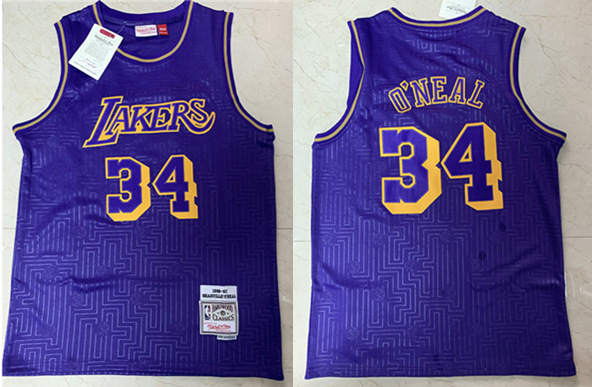 Men's Los Angeles Lakers #34 Shaquille O’Neal aThrowback Stitched NBA Jersey