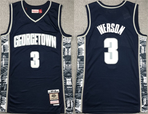 Men's Georgetown Hoyas #3 Allen Iverson Navy Throwback Stitched basketball Jersey