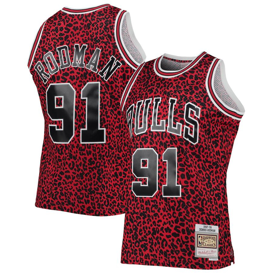 Men's Chicago Bulls #91 Dennis Rodman Red Mitchell & Ness Classics Wildlife Stitched Jersey