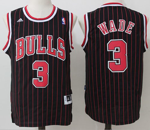 Bulls #3 Dwyane Wade Black (Red Strip) Throwback Stitched NBA Jersey