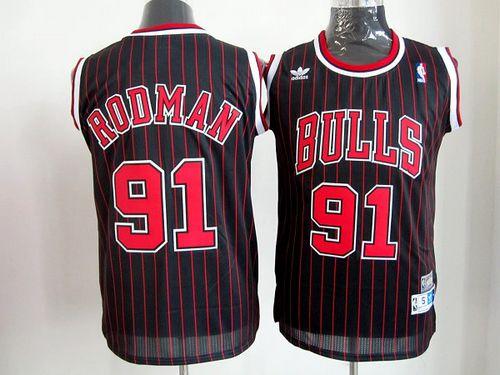 Bulls #91 Dennis Rodman Black With Red Strip Throwback Stitched NBA Jersey