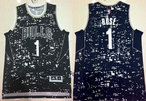 Bulls #1 Derrick Rose Black City Light Stitched NBA Jersey
