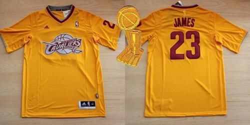 Cavaliers #23 LeBron James Yellow Throwback Short Sleeve The Champions Patch Stitched NBA Jersey