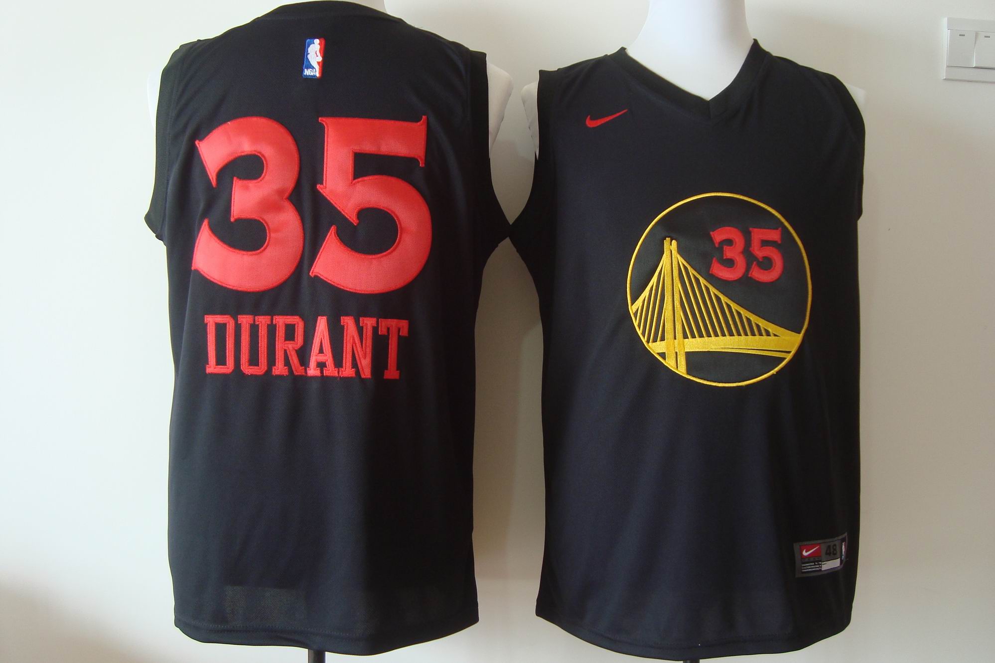 Men's Nike Golden State Warriors #35 Kevin Durant Black With Red Fashion Stitched NBA Jersey