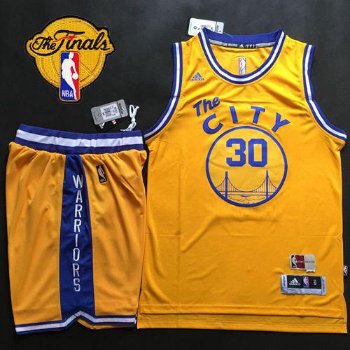 Warriors #30 Stephen Curry Gold Throwback The City A Set The Finals Patch Stitched NBA Jersey