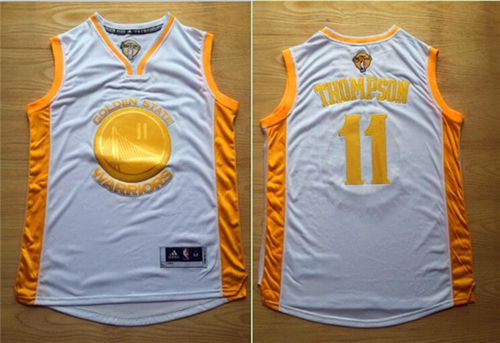 Warriors #11 Klay Thompson White(Gold No.) Stitched NBA Jersey