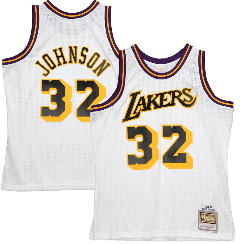 Men's Los Angeles Lakers #32 Magic Johnson Mitchell & Ness White 1984-85 Hardwood Classics Reload Jersey