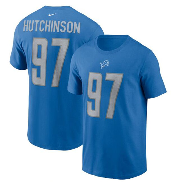 Men's Detroit Lions #97 Aidan Hutchinson 2022 Blue NFL Draft First Round Pick Player Name & Number T-Shirt