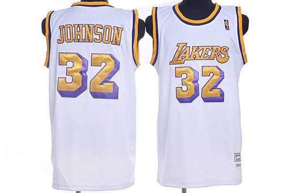 Mitchell and Ness Lakers #32 Magic Johnson Stitched White Throwback NBA Jersey