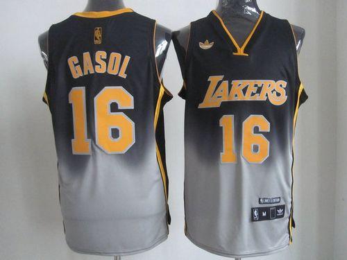 Lakers #16 Pau Gasol Black/Grey Fadeaway Fashion Stitched NBA Jersey