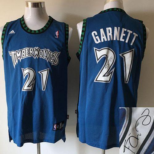 Timberwolves #21 Kevin Garnett Blue Autographed Stitched NBA Jersey
