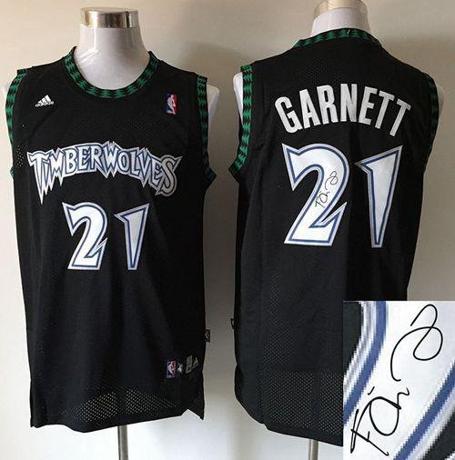 Timberwolves #21 Kevin Garnett Black Autographed Stitched NBA Jersey