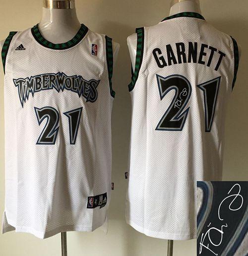 Timberwolves #21 Kevin Garnett White Autographed Stitched NBA Jersey