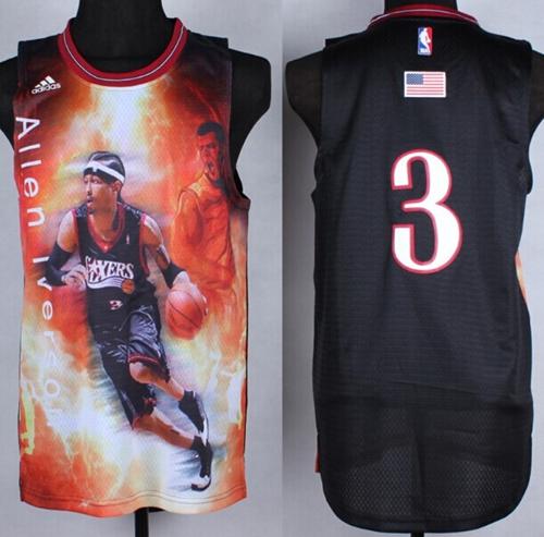 76ers #3 Allen Iverson Black Portrait Fashion Stitched NBA Jersey