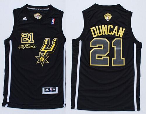 Spurs #21 Tim Duncan Black(Gold No.) Champions Stitched NBA Jersey