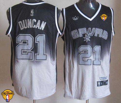 Spurs #21 Tim Duncan Black/Grey Fadeaway Fashion Finals Patch Stitched NBA Jersey