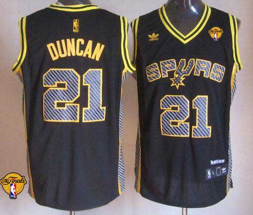 Spurs #21 Tim Duncan Black Electricity Fashion Finals Patch Stitched NBA Jersey