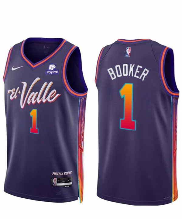 Men's Phoenix Suns #1 Devin Booker Purple 2023/24 City Edition Stitched Basketball Jersey