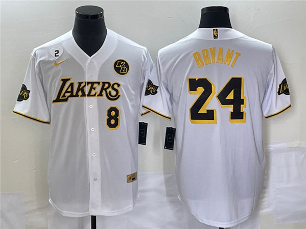 Men's Los Angeles Lakers Front #8 Back #24 Kobe Bryant With NO.2 And KB Patch White Cool Base Stitched Baseball Jersey