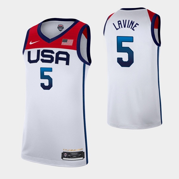 Men's USA Basketball #5 Zach LaVine 2021 White Olympics Stitched Home ...