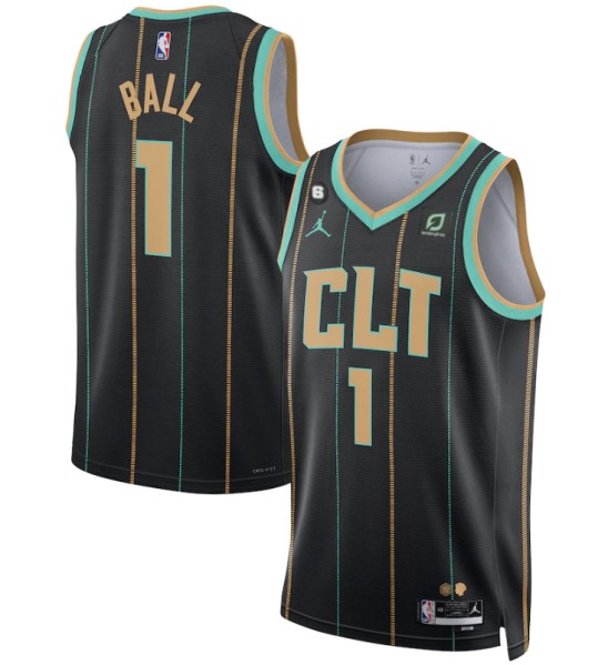 Men's Charlotte Hornets #1 LaMelo Ball Black 2022/23 City Edition No.6 Patch Stitched Jersey