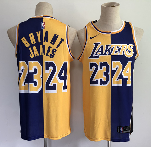 Men's Los Angeles Lakers #23 LeBron James #24 Kobe Brant Purple Gold Split Special Stitched NBA Jersey