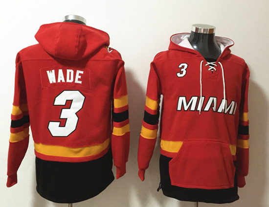 Men's Miami Heat #3 Dwyane Wade Red Lace-Up Pullover Hoodie