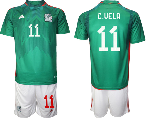 Men's Mexico #11 C.Vela Green Home Soccer Jersey Suit 001