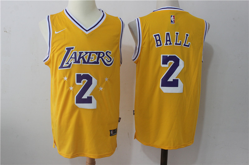 Men's Nike Los Angeles Lakers #2 Lonzo Ball Yellow Throwback Stitched NBA Jersey