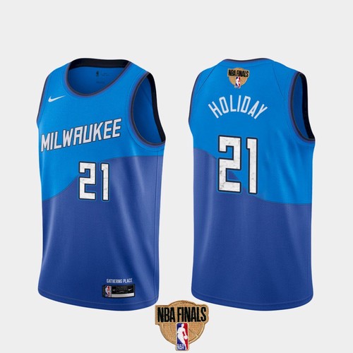 Men's Milwaukee Bucks #21 Jrue Holiday 2021 NBA Finals Blue City Edition Stitched NBA Jersey