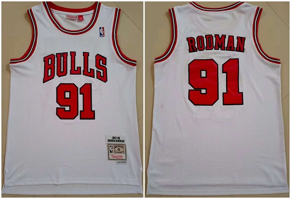 Men's Chicago Bulls #91 Dennis Rodman 1997-98 White Throwback Swingman Stitched NBA Jersey