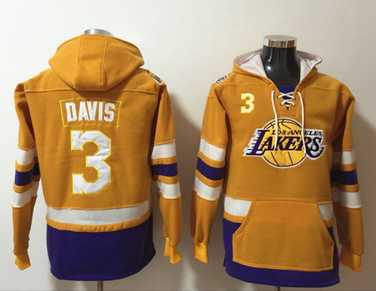 Men's Los Angeles Lakers #3 Anthony Davis Gold Lace-Up Pullover Hoodie