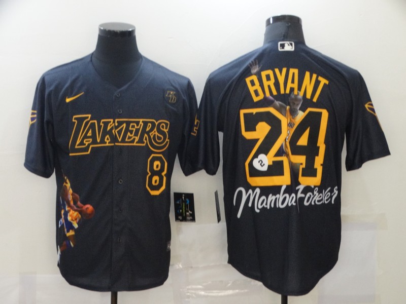 Men's Los Angeles Lakers Front #8 Back #24 Kobe Bryant Black With KB Patch Cool Base Stitched NBA Jersey