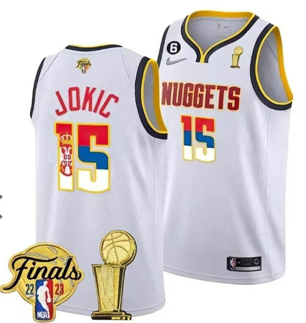 Men's Denver Nuggets #15 Nikola Jokic 2023 White Gold Serbia Flag Finals Champions With NO.6 Patch Stitched Basketball Jersey
