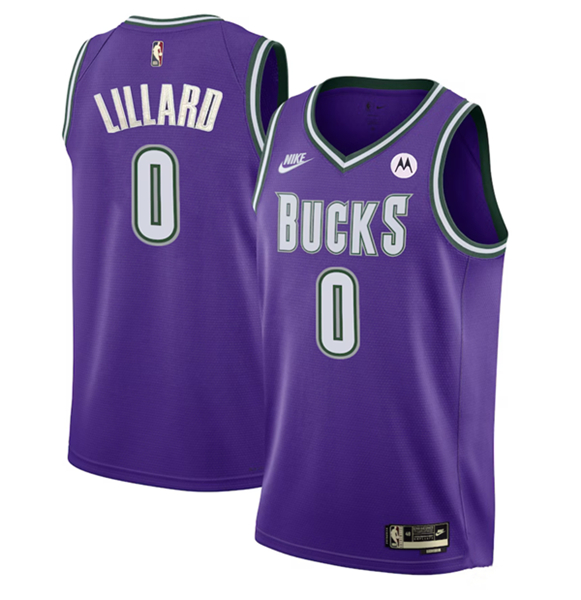 Men's Milwaukee Bucks #0 Damian Lillard Purple 22/23 Classic Edition Stitched Basketball Jersey