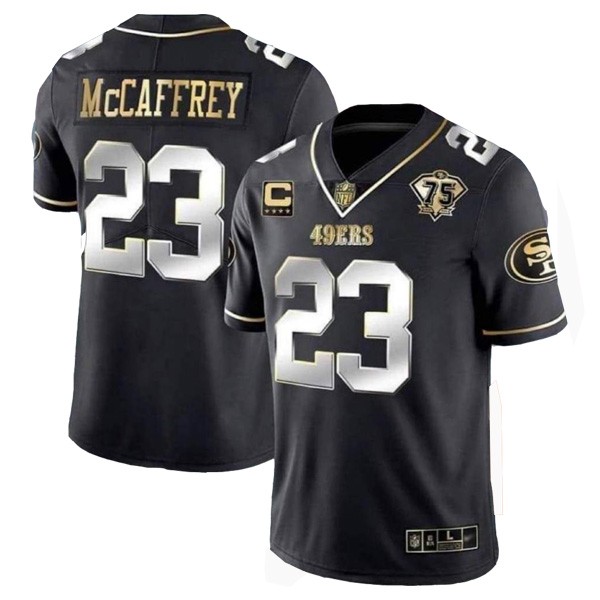 Men's San Francisco 49ers #23 Christian McCaffrey Black/Gold With C Patch Vapor Untouchable Limited Stitched Football Jersey