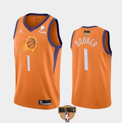 Men's Phoenix Suns #1 Devin Booker 2021 Orange Statement Finals Basketball Swingman Stitched NBA Jersey