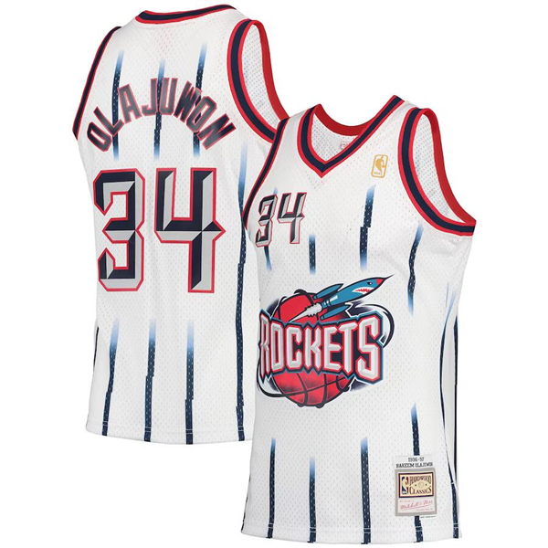 Men's Houston Rockets #34 Hakeem Olajuwon White 1996-97 Mitchell & Ness Hardwood Classics Swingman Stitched Jersey