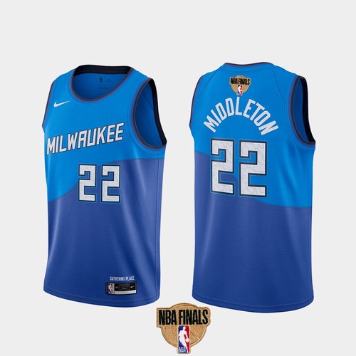 Men's Milwaukee Bucks #22 Khris Middleton 2021 NBA Finals Blue City Edition Stitched NBA Jersey