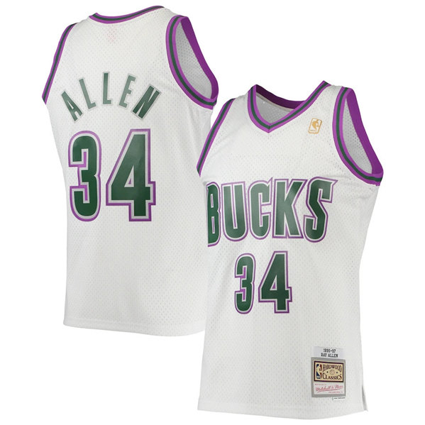 Men's Milwaukee Bucks #34 Ray Allen White 1996-97 Swingman Stitched Jersey