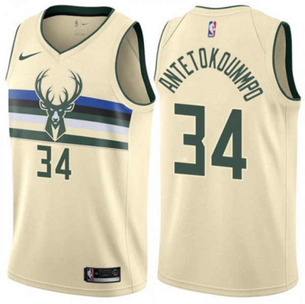 Men's Nike Milwaukee Bucks #34 Giannis Antetokounmpo Cream 2019 City Edition Stitched NBA Jersey