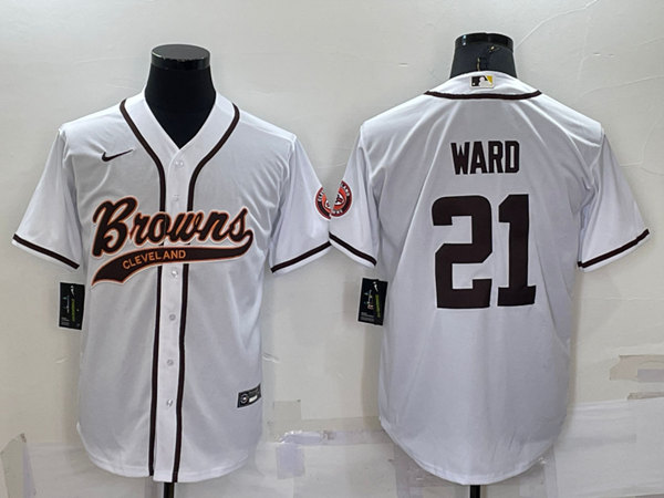 Men's Cleveland Browns #21 Denzel Ward White With Patch Cool Base Stitched Baseball Jersey