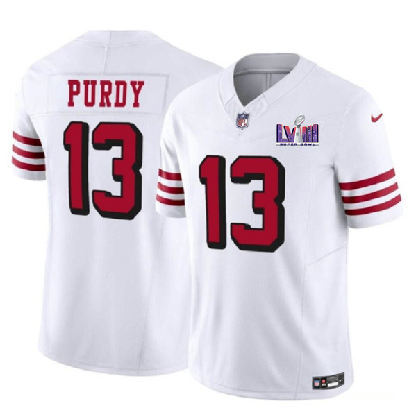 Men's San Francisco 49ers #13 Brock Purdy New White 2024 F.U.S.E. Super Bowl LVIII Patch Vapor Untouchable Limited Football Stitched Jersey