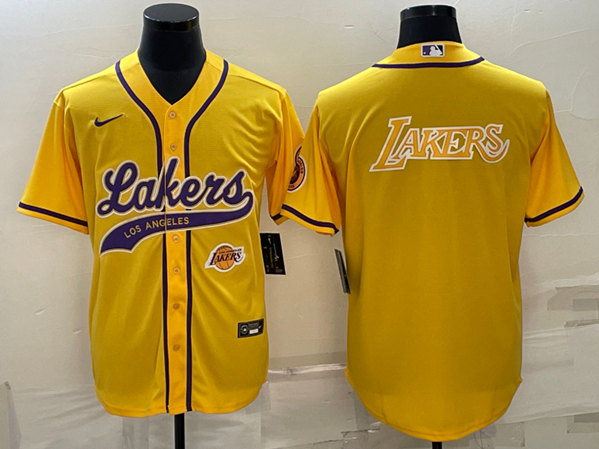 Men's Los Angeles Lakers Yellow Big Logo With Patch Cool Base Stitched Baseball Jersey