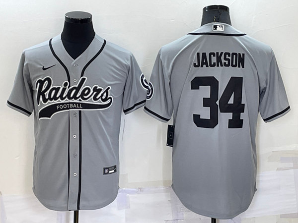 Men's Las Vegas Raiders #34 Bo Jackson Grey Cool Base Stitched Baseball Jersey