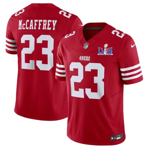 Men's San Francisco 49ers #23 Christian McCaffrey Red 2024 F.U.S.E. Super Bowl LVIII Patch Vapor Untouchable Limited Football Stitched Jersey