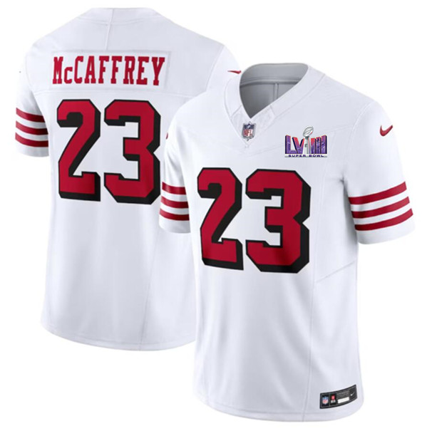 Men's San Francisco 49ers #23 Christian McCaffrey New White 2024 F.U.S.E. Super Bowl LVIII Patch Vapor Untouchable Limited Football Stitched Jersey