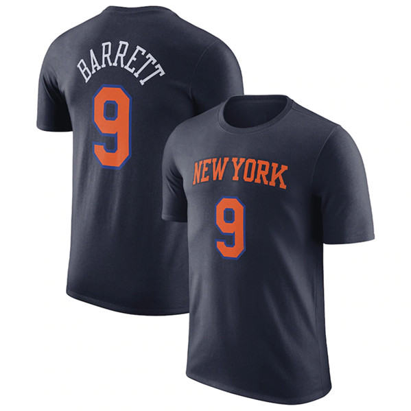 Men's New Yok Knicks #9 RJ Barrett Navy 2022/23 Statement Edition Name & Number T-Shirt