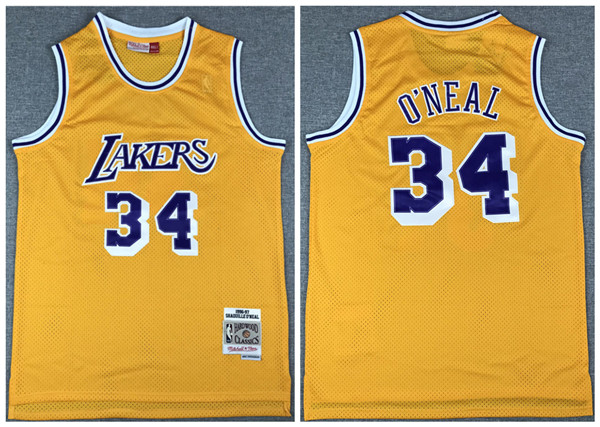 Men's Los Angeles Lakers #34 Shaquille O'Neal Gold Throwback Stitched Jersey